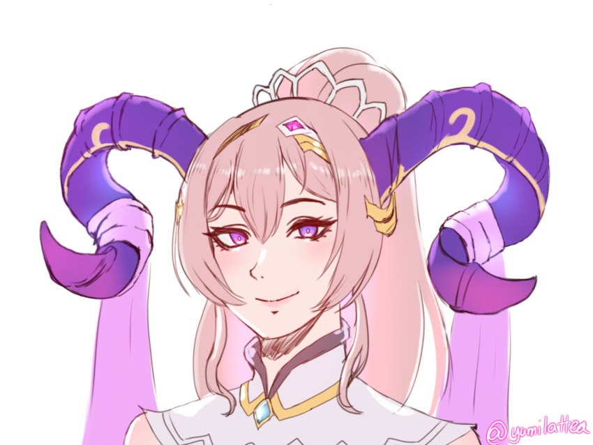 1girl, closed_mouth, commission, english_commentary, fire_emblem, fire_emblem_heroes, goat_horns, hair_between_eyes
