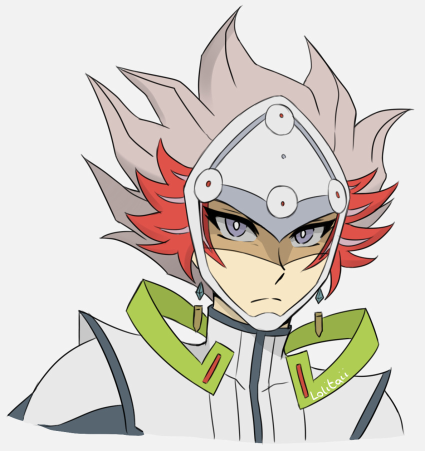 1boy, aii_taii, artist_name, assault_visor, closed_mouth, cropped_torso, earrings, grey_hair