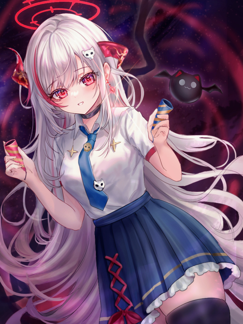 absurdres, asymmetrical_horns, bibixart, birthday, blue_necktie, blue_skirt, crosshair, crosshair_pupils