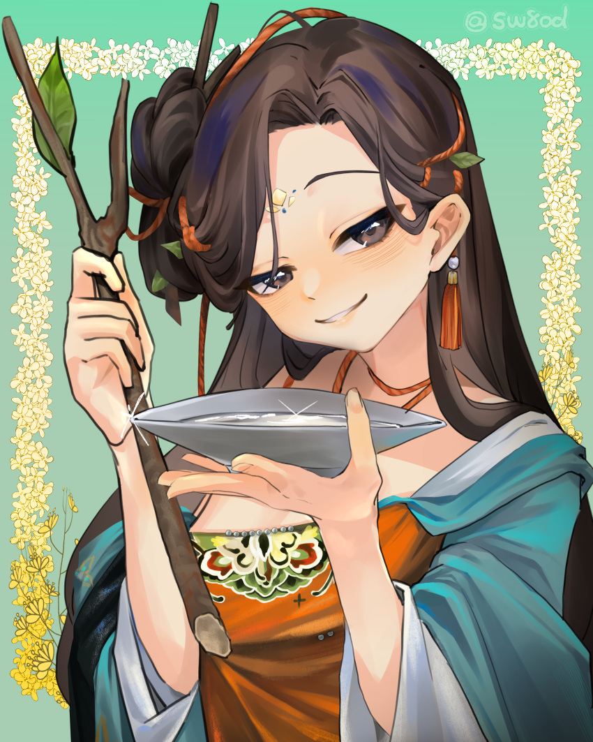 1girl, absurdres, alcohol, black_eyes, black_hair, bowl, branch, dress