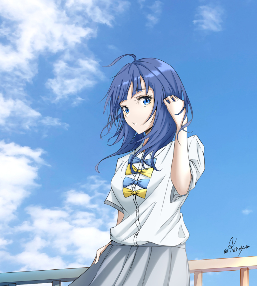 1girl, against_railing, ahoge, blue_bow, blue_eyes, blue_hair, blue_sky, bow