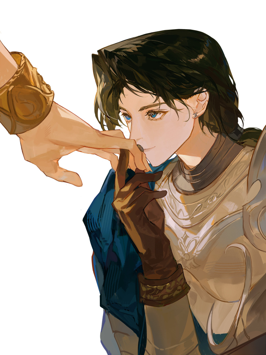 1boy, 1girl, absurdres, armor, black_hair, blue_eyes, boobplate, bracelet