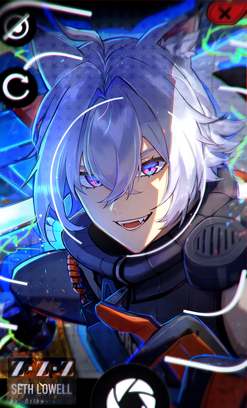 1boy, absurdres, animal_ear_fluff, animal_ears, artist_name, black_pants, black_shirt, blue_eyes