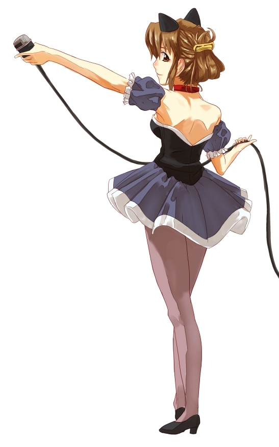 bare_shoulders, brown_eyes, brown_hair, cat_ears, ci_caprice, ci_caprice_(cosplay), cosplay, detached_sleeves, dress, from_behind, hair_ornament, hairclip, hayate_no_gotoku!, high_heels, legs, looking_back, maria, microphone, mochi_suki, pantyhose, purple_pantyhose, sakura_taisen, sakura_taisen_iii, shoes, solo