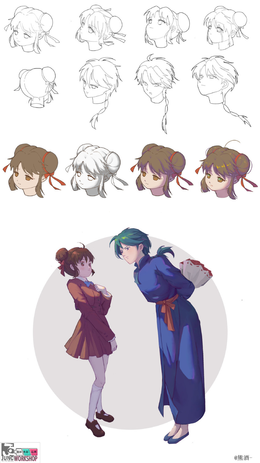 1boy, 1girl, ahoge, artist_name, blazer, blue_bow, blue_bowtie, blue_footwear