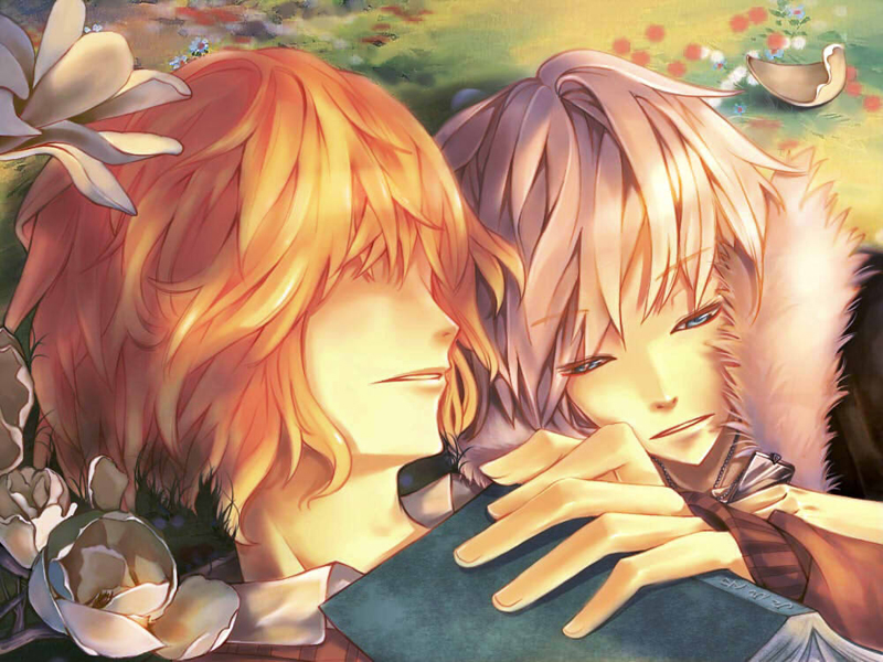 akira_(togainu_no_chi), bad_id, blue_eyes, closed_eyes, eyes_closed, fur, hellipa, male, multiple_boys, silver_hair, togainu_no_chi, yukihito, yukihito_(togainu_no_chi)