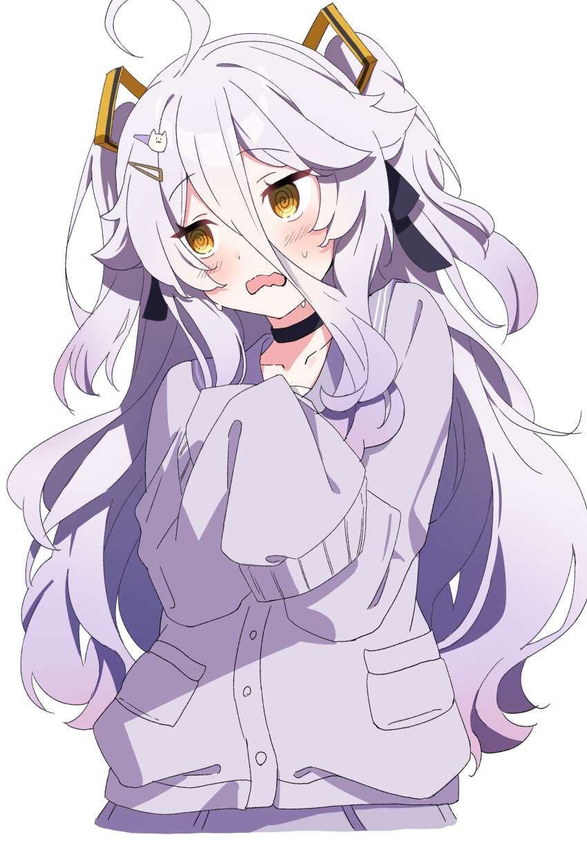 1girl, @_@, absurdres, ahoge, blush, cardigan, chestnut_mouth, choker, commentary, comorebi, cropped_torso, henya_the_genius, henya_the_genius_(2nd_costume), highres, long_hair, looking_to_the_side, nervous_sweating, open_mouth, purple_cardigan, purple_hair, simple_background, sleeves_past_fingers, sleeves_past_wrists, solo, sweat, symbol-only_commentary, two_side_up, virtual_youtuber, vshojo, white_background, yellow_eyes