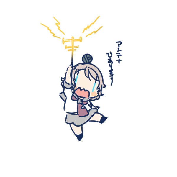 1girl, arm_up, blue_eyes, blush_stickers, chibi, chibi_only, detached_hair, grey_hair