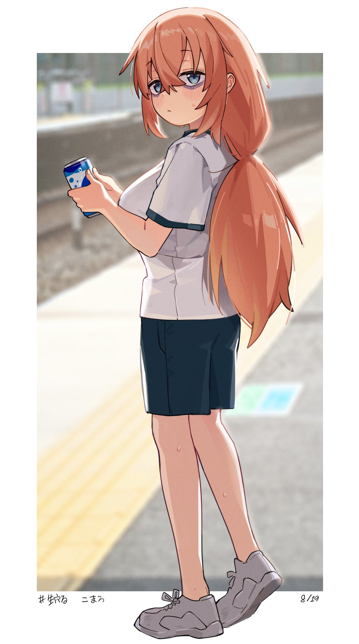 1girl, bags_under_eyes, bbq5880, black_shorts, blue_eyes, border, breasts, can