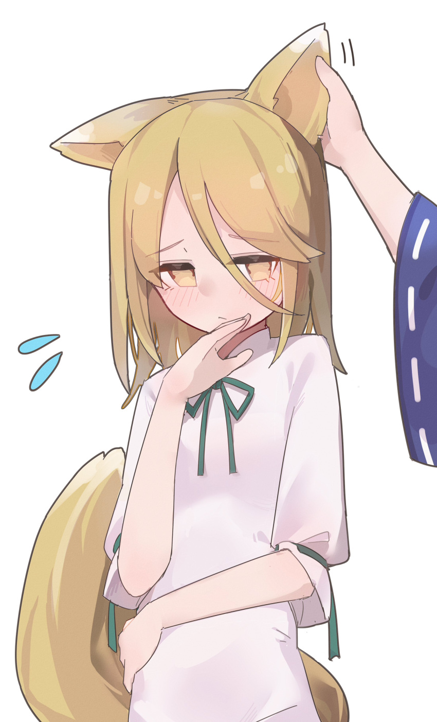 absurdres, animal_ears, blonde_hair, blush, fox_ears, fox_girl, fox_tail, green_ribbon