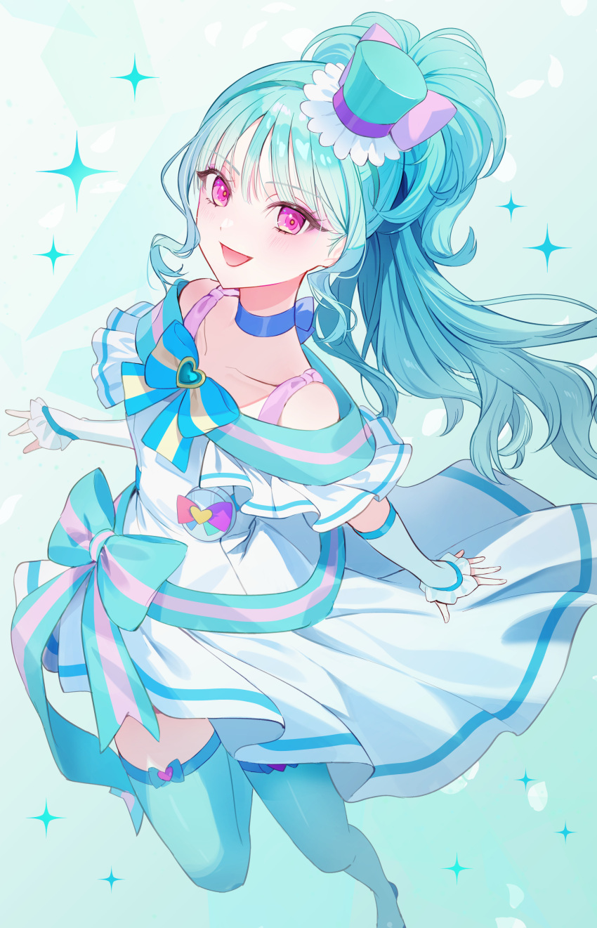 1girl, :d, absurdres, akaike, blue_choker, blue_footwear, blue_hair, blue_hat
