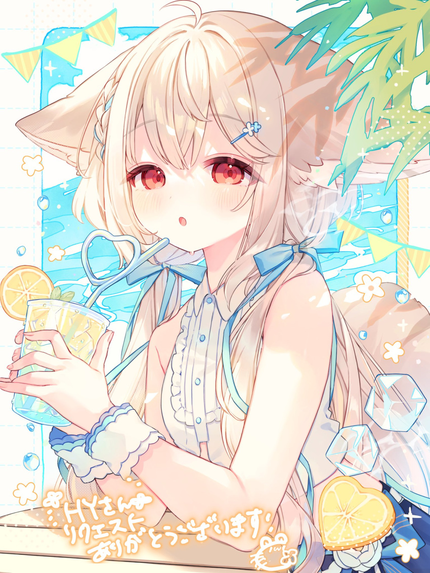 1girl, animal_ears, blonde_hair, blue_bow, bow, braid, commission, cup
