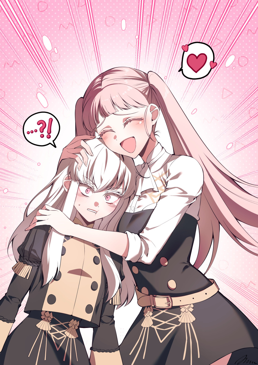 !?, 2girls, a_(asan_a_aa), absurdres, ascot, belt, belt_buckle, blush, buckle, buttons, closed_eyes, commentary, fire_emblem, fire_emblem:_three_houses, garreg_mach_monastery_uniform, hair_between_eyes, hashtag-only_commentary, heart, height_difference, highres, hilda_valentine_goneril, hug, long_hair, long_sleeves, lysithea_von_ordelia, multiple_girls, open_mouth, pink_hair, sleeves_rolled_up, smile, twintails, white_ascot, white_hair, yellow_belt