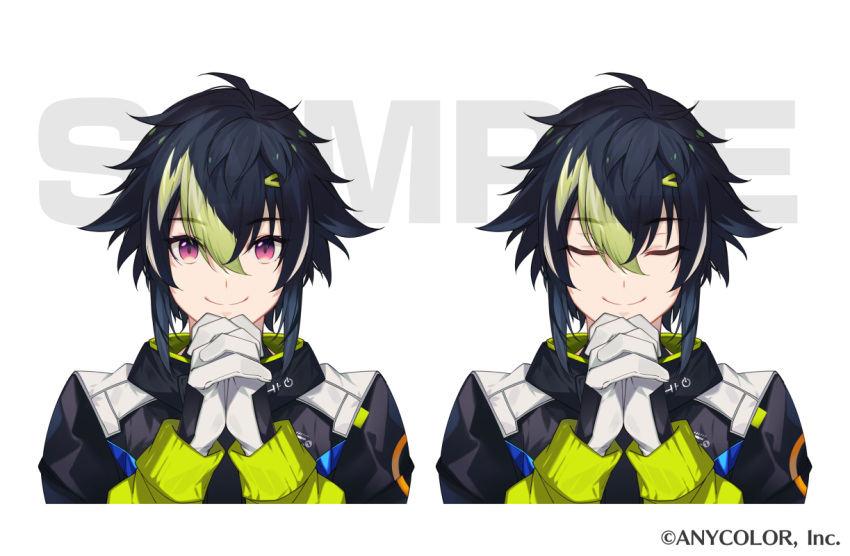 1boy, ahoge, black_hair, black_jacket, closed_eyes, closed_mouth, copyright_notice, cropped_torso