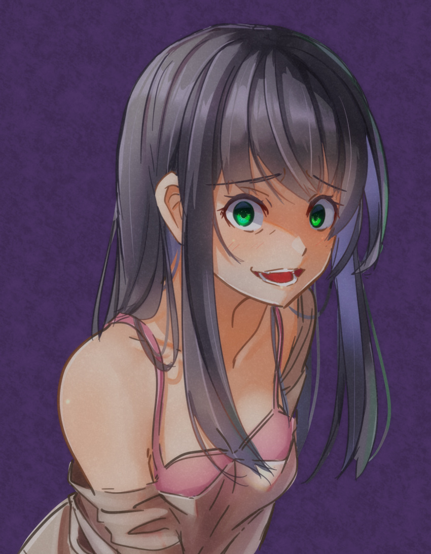 1girl, black_hair, degtyaryov2952, emma_white, empty_eyes, evil_smile, green_eyes, highres, long_hair, naraku, naraku_1, off-shoulder_shirt, off_shoulder, shaded_face, shirt, smile, solo, white_shirt