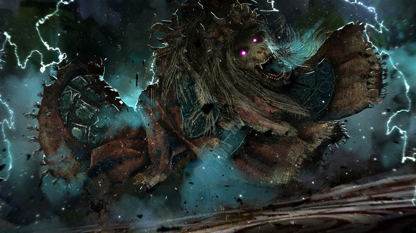 absurdres, animal, animal_head, armor, asymmetrical_horns, commentary, cosme_lucero_(aeflus), divine_beast_dancing_lion