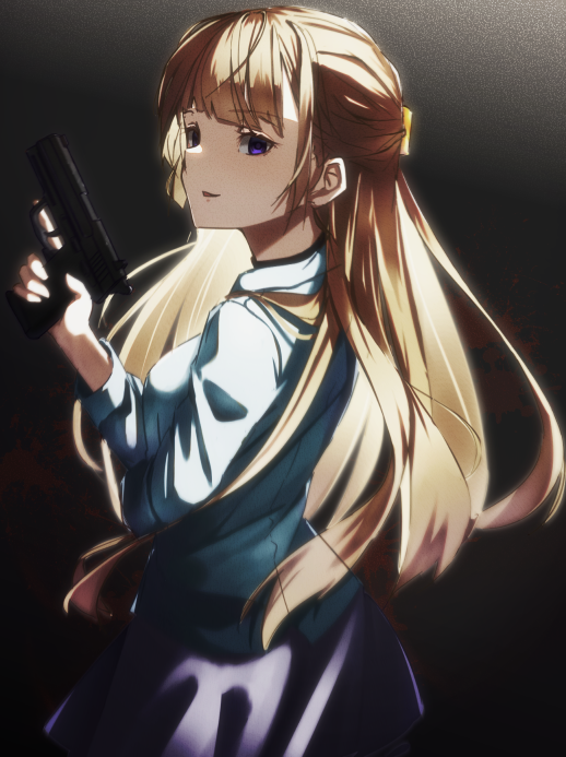 1girl, amalia_lobelia, blonde_hair, blue_shirt, degtyaryov2952, empty_eyes, gun, h&amp;k_usp