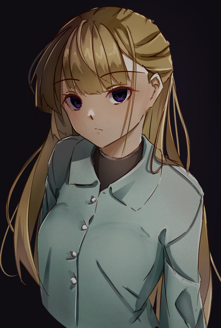 1girl, amalia_lobelia, blonde_hair, blue_shirt, degtyaryov2952, empty_eyes, long_hair, naraku