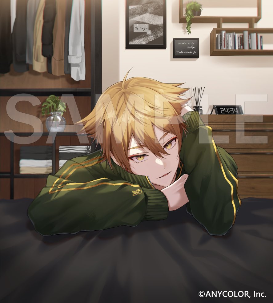 1boy, ahoge, bed, bedroom, bedside, bookshelf, brown_hair, clock