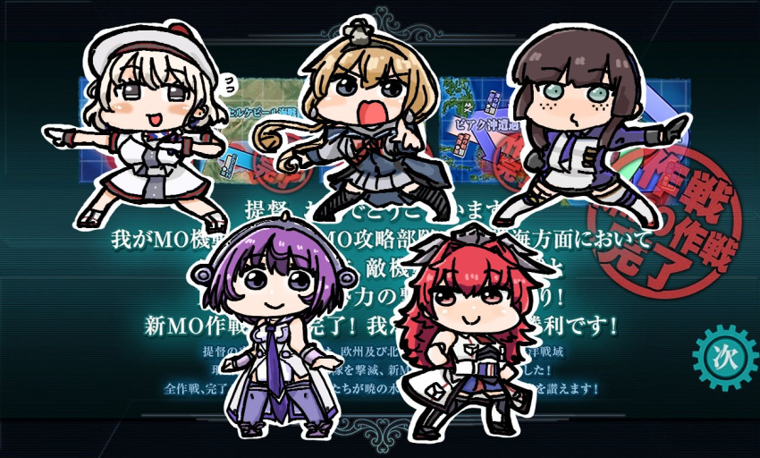 5girls, black_hair, blonde_hair, brown_eyes, commentary_request, cyama_land, dress, dynamic_pose