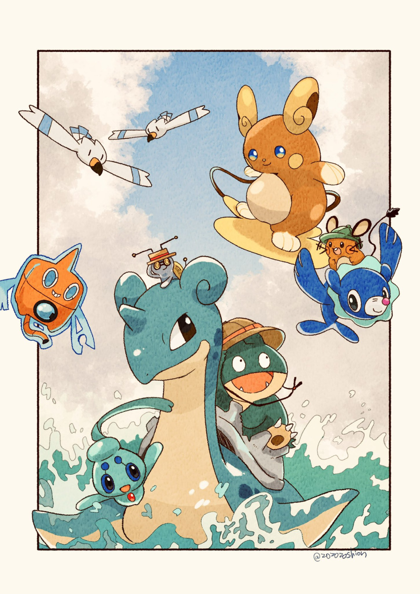 alolan_raichu, animal_focus, beak, bird, blue_eyes, blue_sky, border, closed_mouth