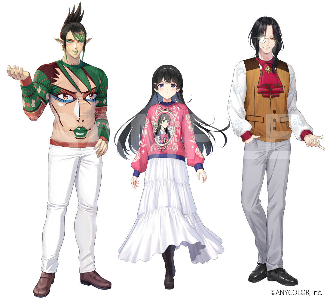 1girl, 2boys, :|, arms_at_sides, ascot, black_footwear, black_hair, boots, brown_footwear, brown_vest, cactus_print, center-flap_bangs, character_print, christmas_sweater, closed_mouth, colored_tips, copyright_notice, cross-laced_footwear, earrings, eyeshadow, floral_print, folded_ponytail, full_body, glint, green_eyeshadow, green_hair, green_lips, green_sweater, grey_pants, grin, hair_ornament, hair_over_shoulder, hairclip, hanabatake_chaika, hand_in_pocket, hand_on_own_hip, hand_up, jewelry, loafers, long_hair, long_pointy_ears, long_skirt, long_sleeves, looking_at_viewer, low_ponytail, makeup, matanonki, medium_hair, monocle, multicolored_hair, multiple_boys, nijisanji, official_art, one_eye_closed, pants, pink_sweater, pointy_ears, print_sweater, puckered_lips, red_ascot, rose_print, sample_watermark, shellin_burgundy, shoes, sidelocks, simple_background, skirt, smile, snowflake_print, standing, sweater, tsukino_mito, v-shaped_eyebrows, vest, virtual_youtuber, watermark, white_background, white_pants, white_skirt, white_sweater
