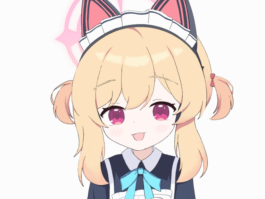 1girl, animal_ear_headphones, animal_ears, apron, black_dress, blonde_hair, blue_archive, blue_ribbon
