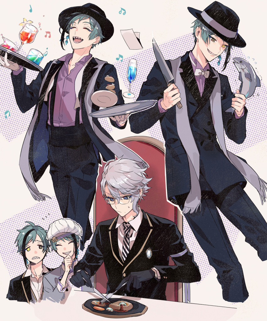 3boys, azul_ashengrotto, black_suit, blue_hair, brothers, brown_eyes, chair, chashibu