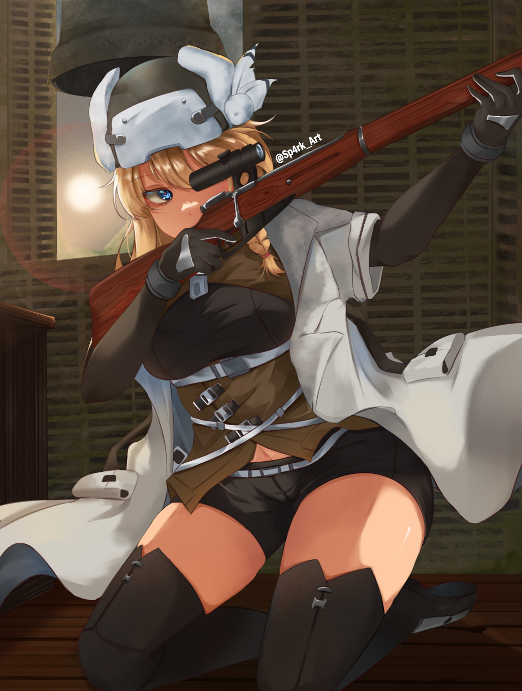 1girl, ammunition_pouch, black_shorts, blonde_hair, blue_eyes, bolt_action, fur_hat, girls_frontline, gun, hat, highres, holding, holding_gun, holding_weapon, indoors, interior, kneeling, looking_through_scope, mosin-nagant_(girls'_frontline), pouch, scope, shorts, solo, sp4rk, ushanka, weapon