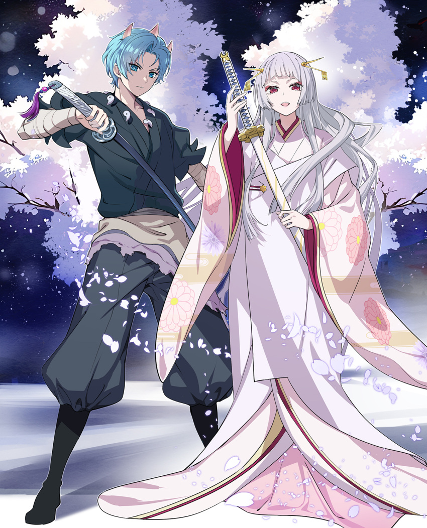 1boy, 1girl, arm_wrap, black_footwear, black_kimono, black_pants, blue_eyes, blue_hair, boots, cherry_blossoms, dot_nose, forehead, full_body, highres, holding, holding_sword, holding_weapon, hoshino_aquamarine, japanese_clothes, katana, kimono, knee_boots, kurokawa_akane, long_sleeves, looking_at_viewer, nyoro_(nyoronyoro000), open_mouth, oshi_no_ko, pants, pants_tucked_in, parted_bangs, red_eyes, sayahime_(tokyo_blade), short_hair, short_sleeves, side-by-side, sidelocks, smile, sword, tokyo_blade_(oshi_no_ko), touki_(tokyo_blade), v-shaped_eyebrows, weapon, white_hair, white_kimono, wide_sleeves, yukata
