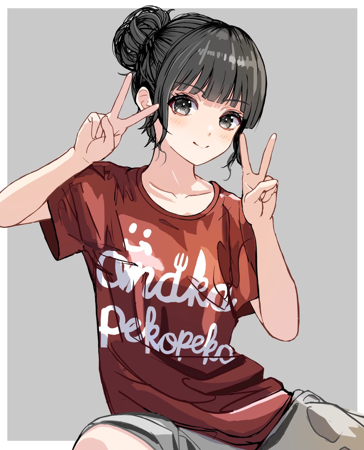 1girl, black_eyes, black_hair, blunt_bangs, blush, border, closed_mouth, collarbone