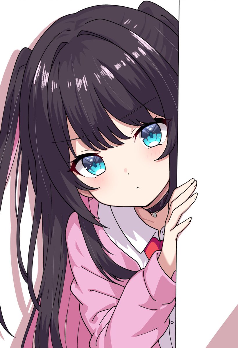 1girl, :<, black_choker, blue_eyes, blush, brown_hair, cardigan, choker, closed_mouth, collared_shirt, dot_nose, highres, kaga_nazuna, leaning_to_the_side, long_bangs, long_hair, long_sleeves, looking_at_viewer, lupinus_virtual_games, marble_(ta55476457), peeking_out, pink_cardigan, shadow, shirt, sidelocks, solo, two_side_up, upper_body, virtual_youtuber, vspo!, white_shirt