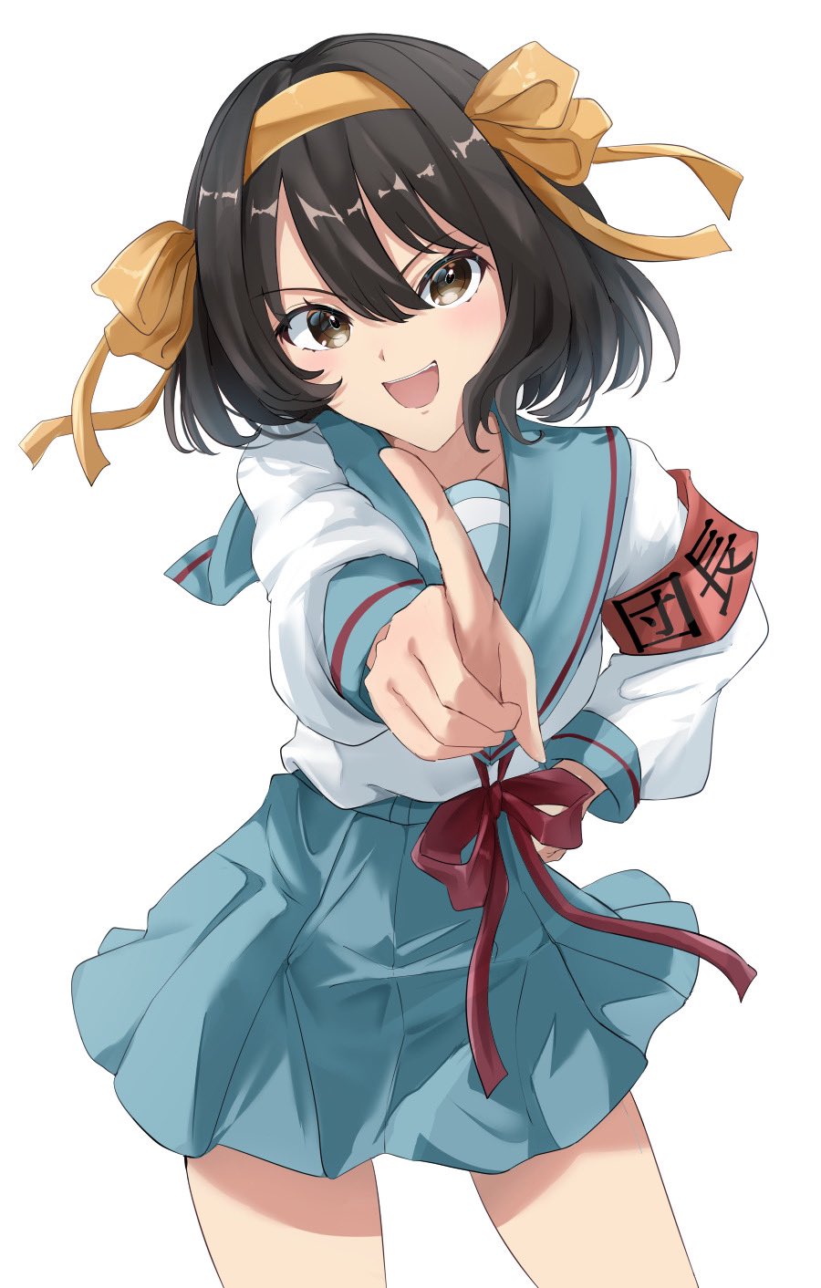 1girl, armband, black_eyes, black_hair, blue_sailor_collar, blue_skirt, hair_ribbon, hand_on_own_hip