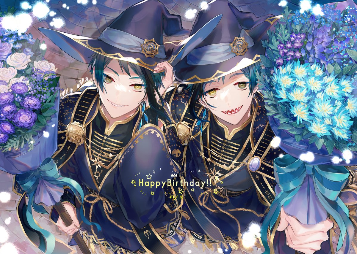 2boys, blue_hair, bouquet, brothers, chashibu, commentary_request, floyd_leech, green_eyes