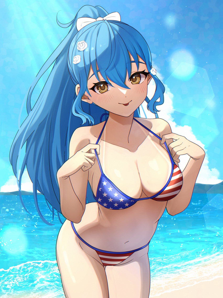 1girl, absurdres, american_flag, american_flag_bikini, american_flag_print, ass, beach, bikini, blue_hair, bow, breasts, flag_print, flower, hair_bow, hair_flower, hair_ornament, hatoco, highres, large_breasts, leaning_forward, namiji_freesia, navel, ocean, ponytail, print_bikini, production_kawaii, pulling_own_clothes, sand, solo, sunlight, swimsuit, tan, tanlines, thighs, tongue, yellow_eyes