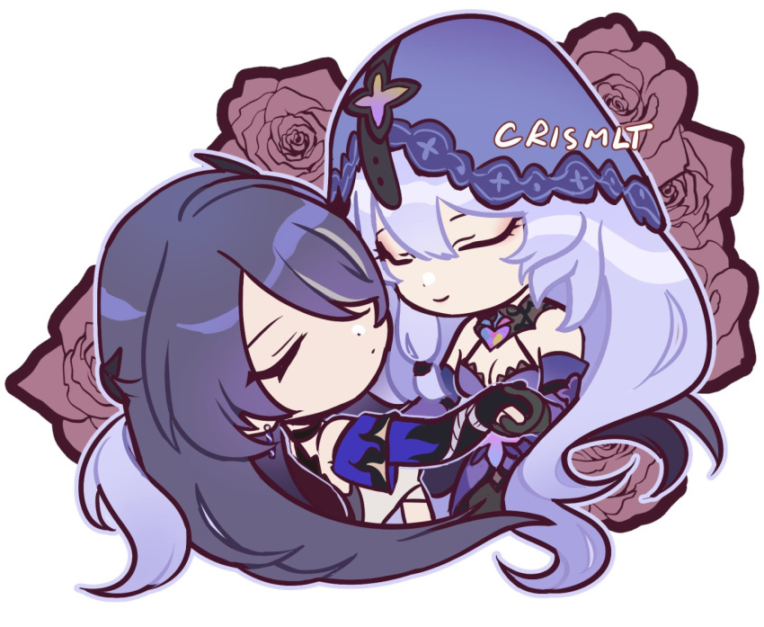 2girls, acheron_(honkai:_star_rail), black_swan_(honkai:_star_rail), chibi, chibi_only, closed_eyes, crismlt, detached_sleeves