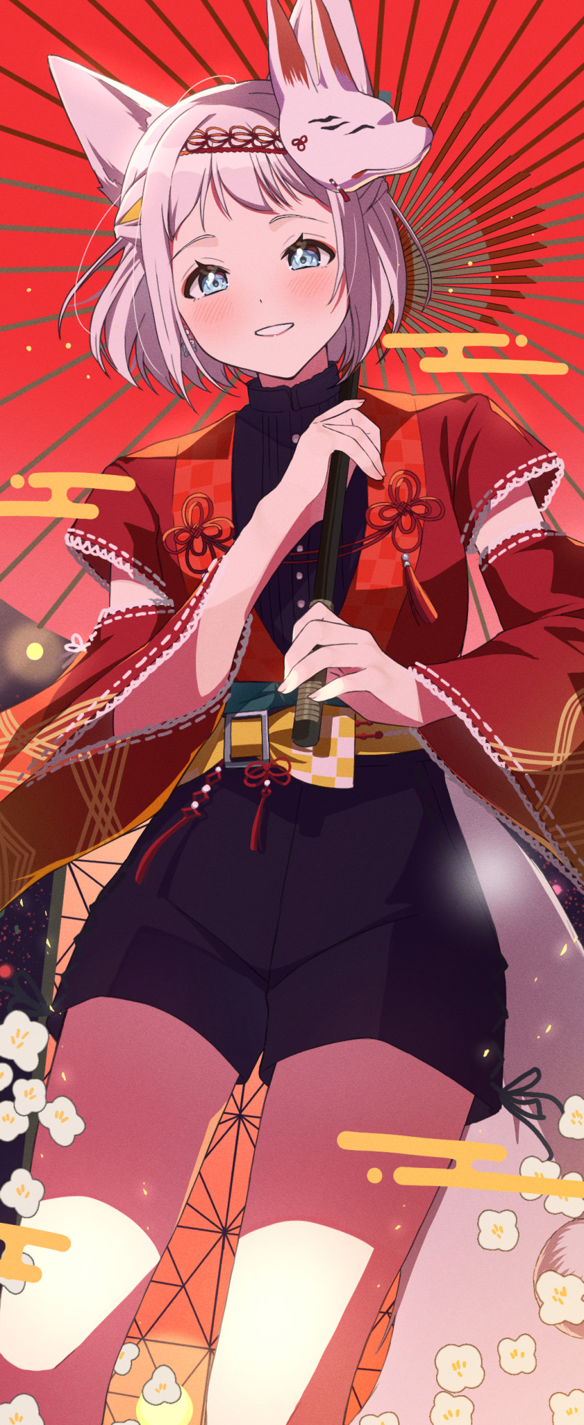 1girl, absurdres, black_shorts, blush, detached_sleeves, fox_mask, gakuen_idolmaster, grey_hair
