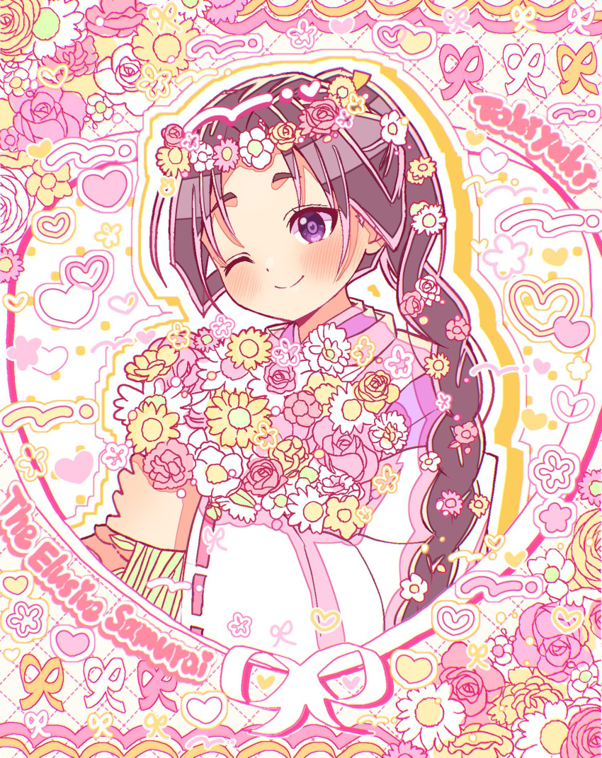 1boy, alternate_hairstyle, black_hair, blush, bouquet, braid, braided_ponytail, character_name