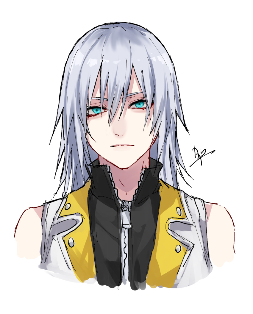 1boy, bare_shoulders, blue_eyes, closed_mouth, commentary_request, expressionless, eyelashes, grey_hair