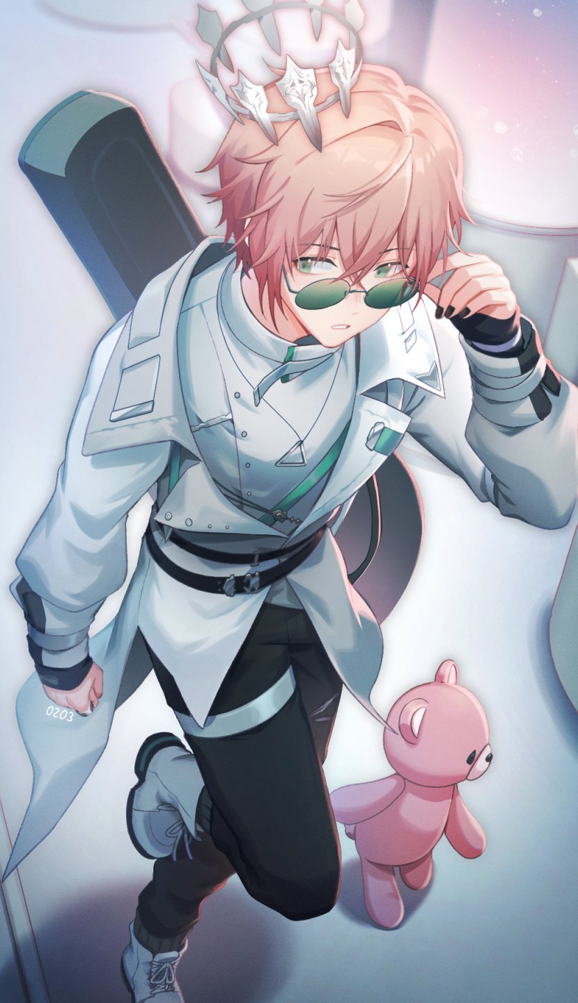 1boy, adjusting_eyewear, belt, black_belt, black_nails, black_pants, boots, clenched_hand, coat, cross-laced_footwear, from_above, green-tinted_eyewear, green_eyes, guitar_case, hair_between_eyes, halo, hand_on_eyewear, highres, holostars, indoors, instrument_case, jewelry, lace-up_boots, male_focus, mono_(bluesky), nail_polish, pants, pendant, pink_hair, rikka_(holostars), ring, round_eyewear, running, shirt, short_hair, sideways_glance, sleeves_past_wrists, spanner_(holostars), spiked_halo, stuffed_animal, stuffed_toy, sunglasses, teddy_bear, thigh_strap, tinted_eyewear, triangle_necklace, turtleneck, virtual_youtuber, white_coat, white_footwear, white_shirt