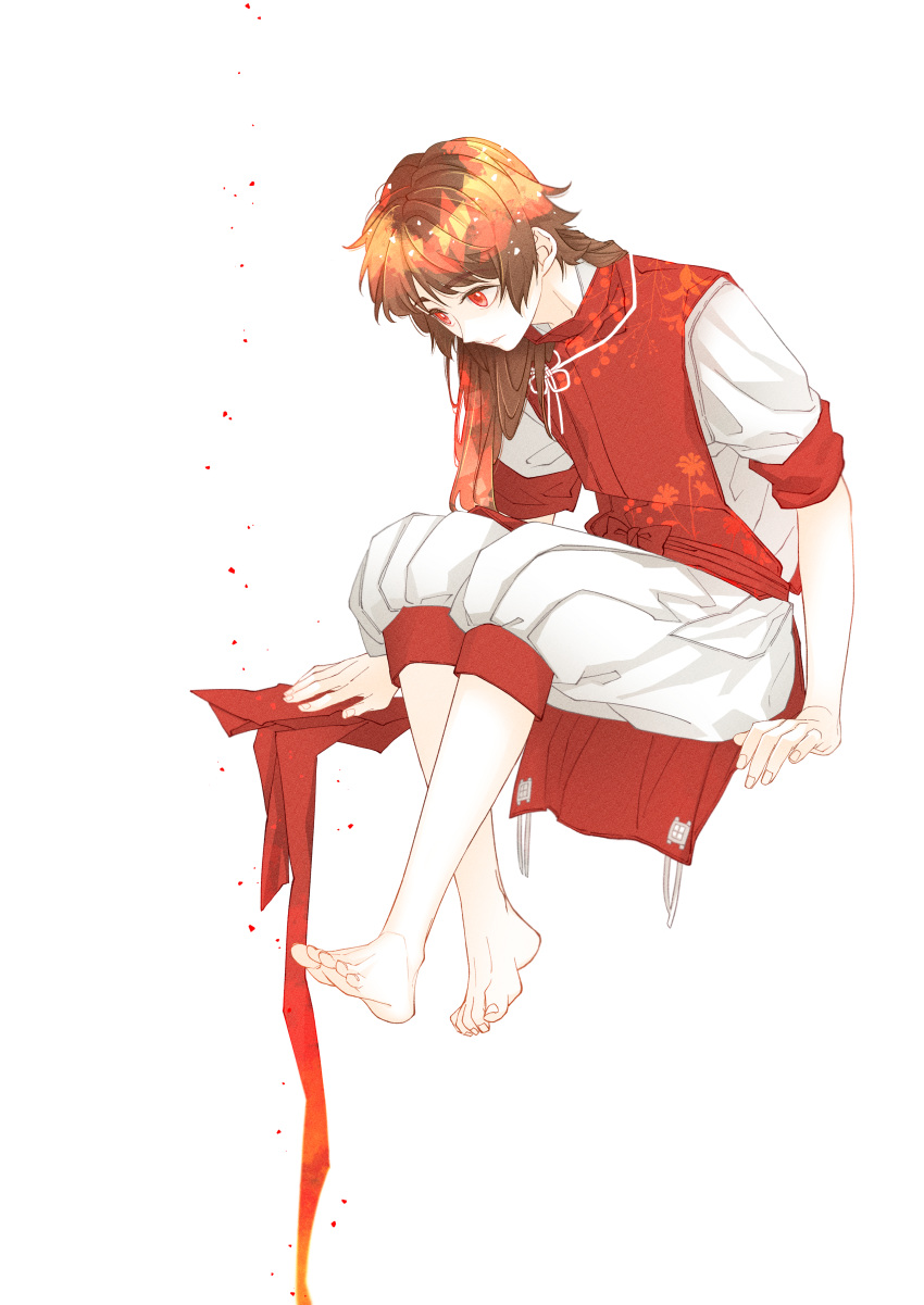 1boy, absurdres, aged_down, alternate_hairstyle, barefoot, brown_hair, full_body, hair_down