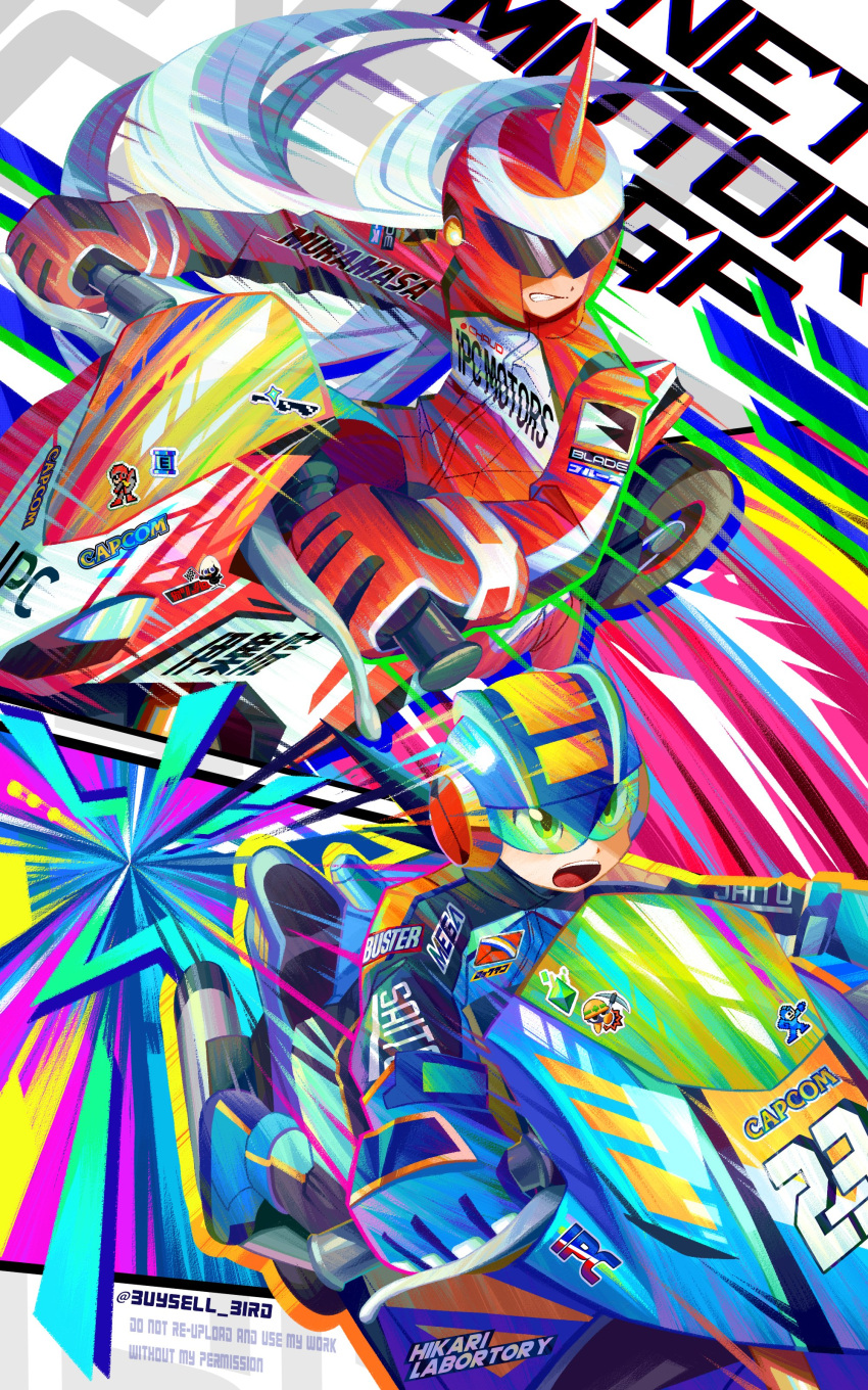 2boys, absurdres, alternate_costume, assault_visor, blue_helmet, blue_jacket, buysell_bird, character_name