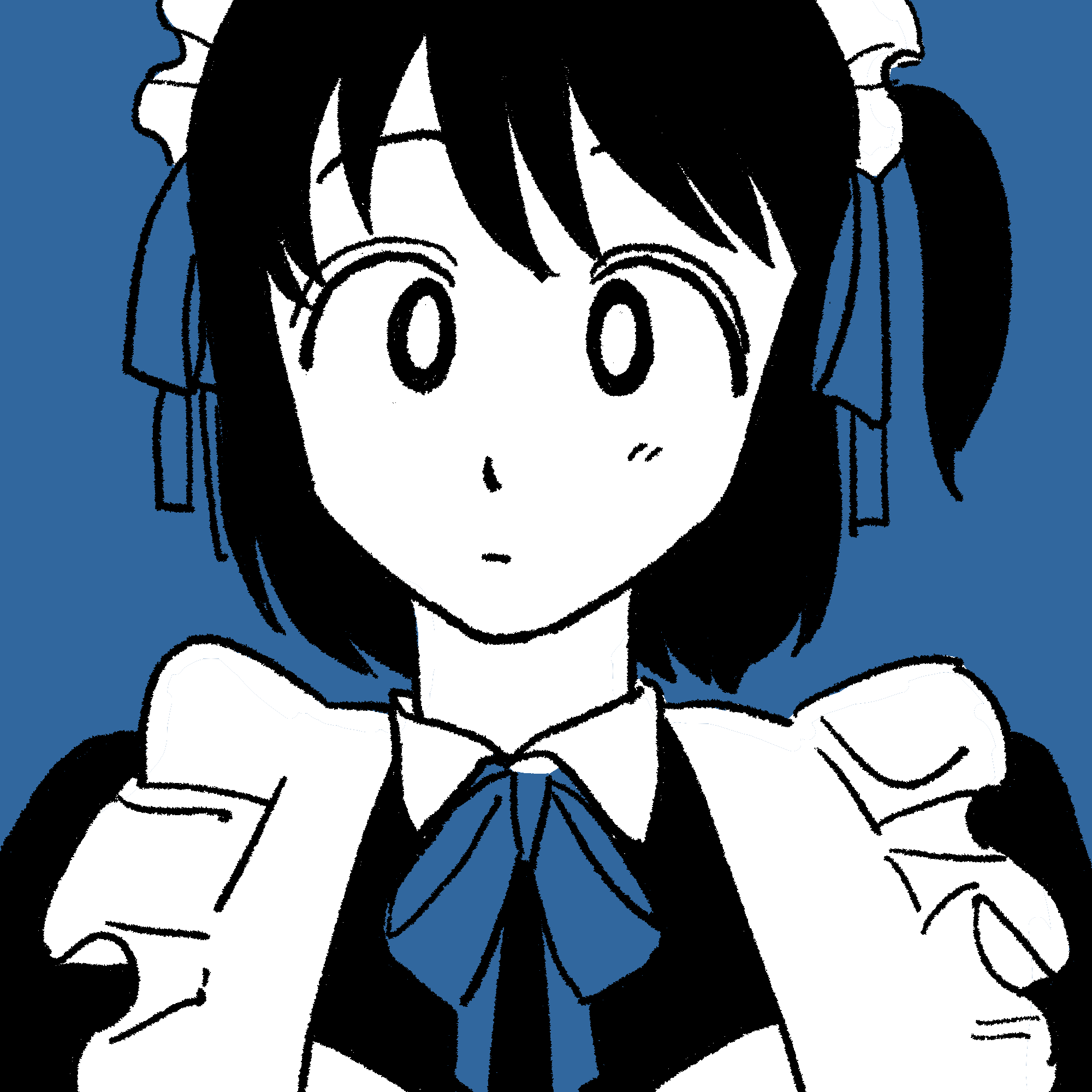 1girl, apron, arashiyama_hotori, blue_background, blue_ribbon, blue_theme, bright_pupils, closed_mouth