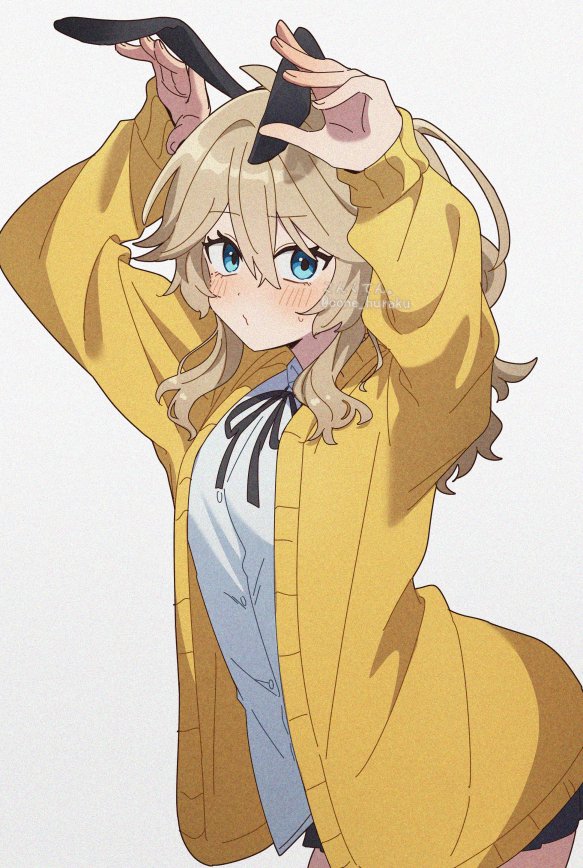 1girl, animal_ears, artist_name, black_ribbon, black_skirt, blonde_hair, blue_eyes, blush