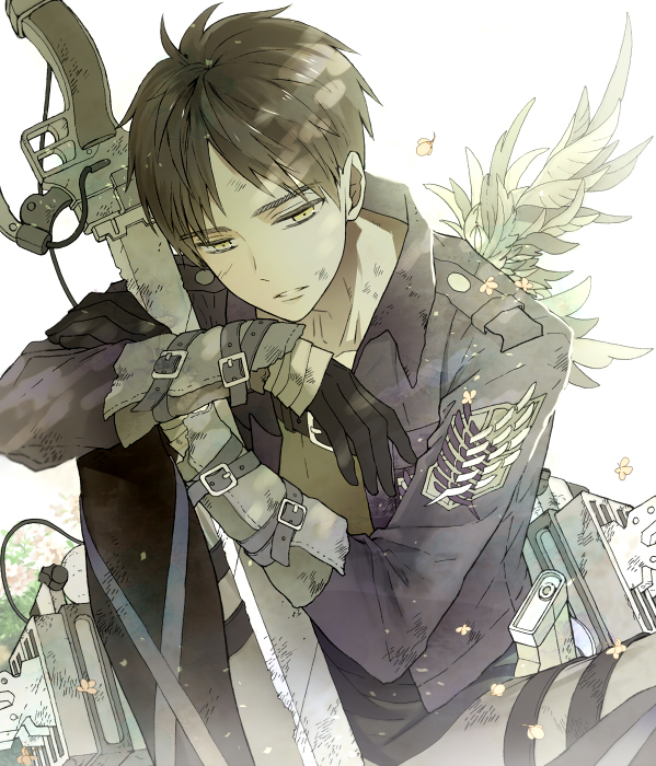 1boy, black_gloves, brown_hair, chest_strap, collarbone, commentary, eren_yeager, expressionless