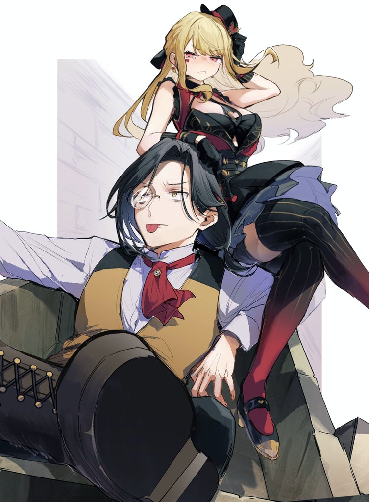 1boy, 1girl, :<, arm_on_another's_head, ascot, black_dress, black_footwear, black_gloves