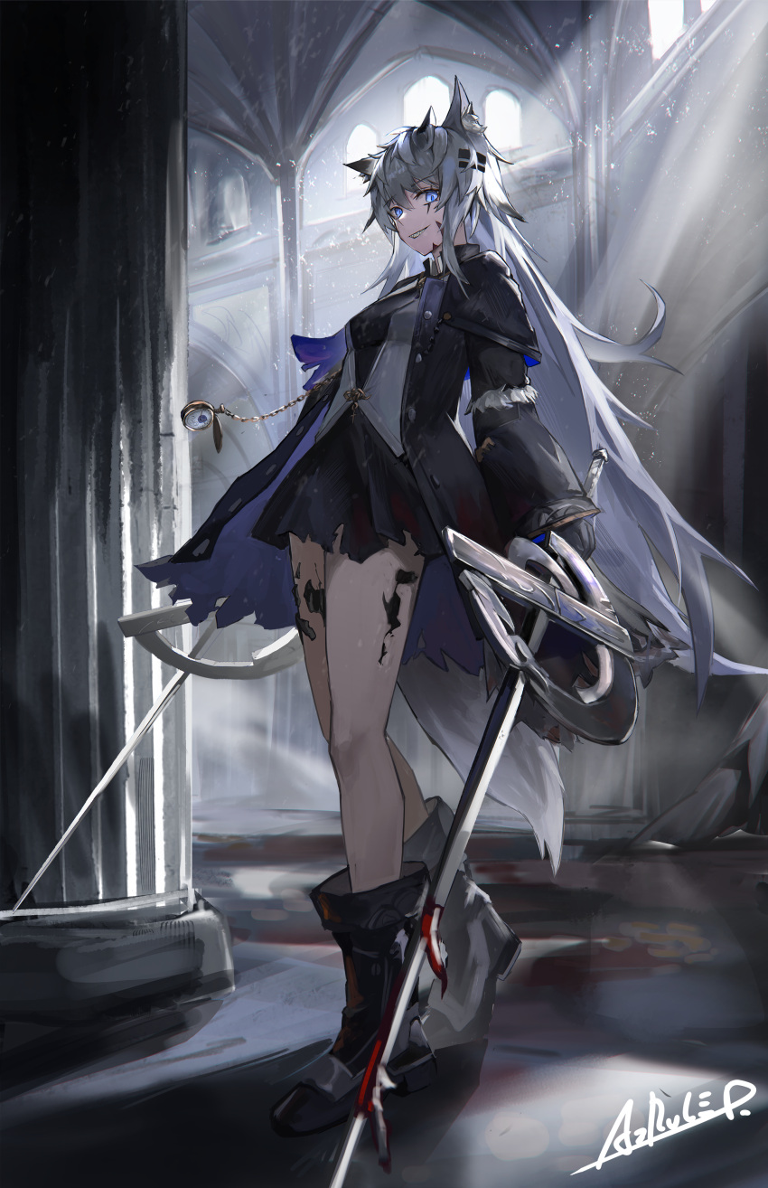 1girl, absurdres, animal_ear_fluff, animal_ears, arch, arknights, artist_name, az'ruler, black_capelet, black_dress, black_footwear, black_gloves, black_jacket, blood, blood_on_clothes, blood_on_ground, blood_on_weapon, blue_eyes, boots, breasts, buttons, capelet, column, commentary, crossed_legs, dress, dual_wielding, full_body, fur-trimmed_jacket, fur_trim, gloves, grey_hair, grey_tail, grin, hair_between_eyes, hair_ornament, hairclip, heel_up, highres, holding, holding_sword, holding_weapon, indoors, jacket, knees, lappland_(arknights), lappland_(refined_horrormare)_(arknights), legs, light_particles, light_rays, long_hair, long_sleeves, looking_at_viewer, material_growth, messy_hair, official_alternate_costume, open_clothes, open_jacket, oripathy_lesion_(arknights), parted_lips, pillar, pocket_watch, scar, scar_across_eye, scar_on_face, shade, shadow, sharp_teeth, short_dress, signature, small_breasts, smile, solo, standing, sunbeam, sunlight, sword, tail, teeth, torn_clothes, torn_dress, torn_jacket, two-sided_fabric, two-sided_jacket, very_long_hair, vest, walking, watch, weapon, white_vest, wide_sleeves, wolf_ears, wolf_girl, wolf_tail