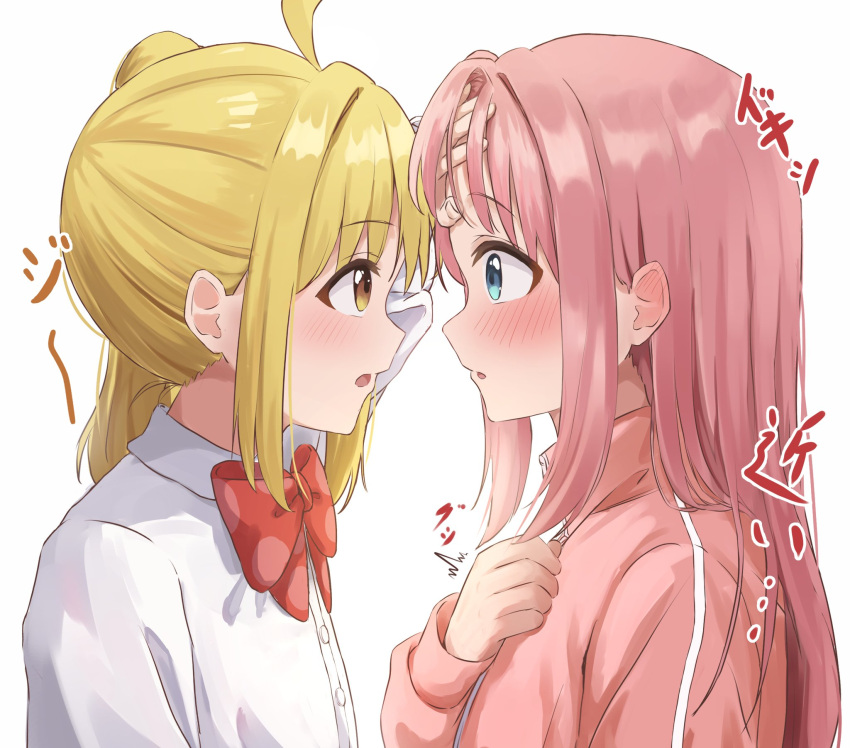 2girls, ^^^, ahoge, blonde_hair, blue_eyes, blush, bocchi_the_rock!, bow