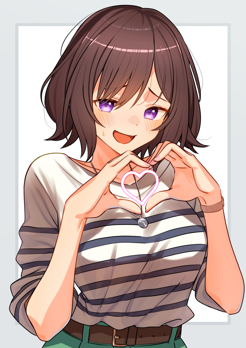 07nono06, 1girl, absurdres, belt_buckle, blush, breasts, brown_hair, buckle