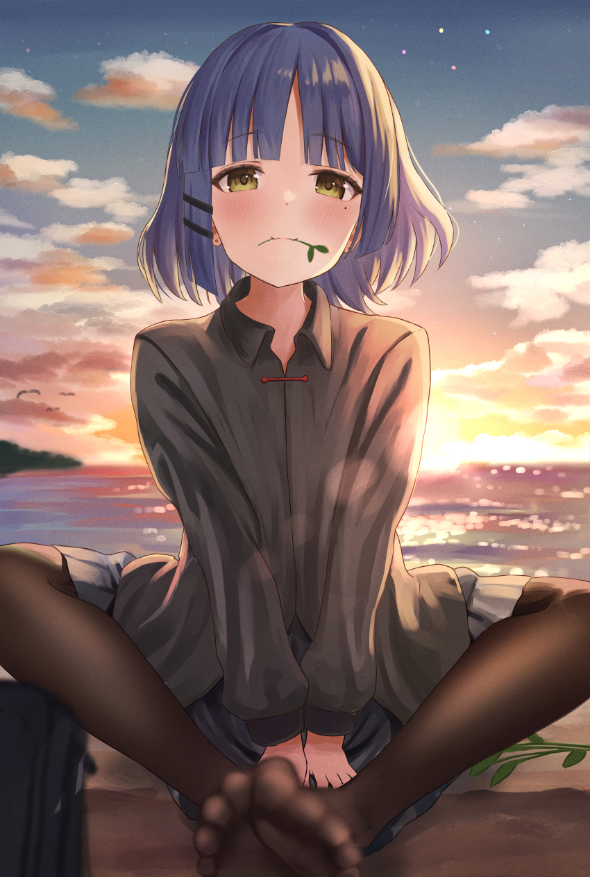 1girl, :3, absurdres, backlighting, black_pantyhose, black_shirt, black_skirt, blue_hair